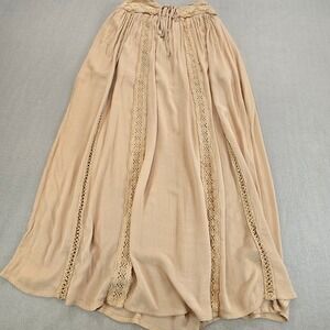 Onetheland Tan Crochet Lace Panel Maxi Skirt Boho Festival Side Slit Small
